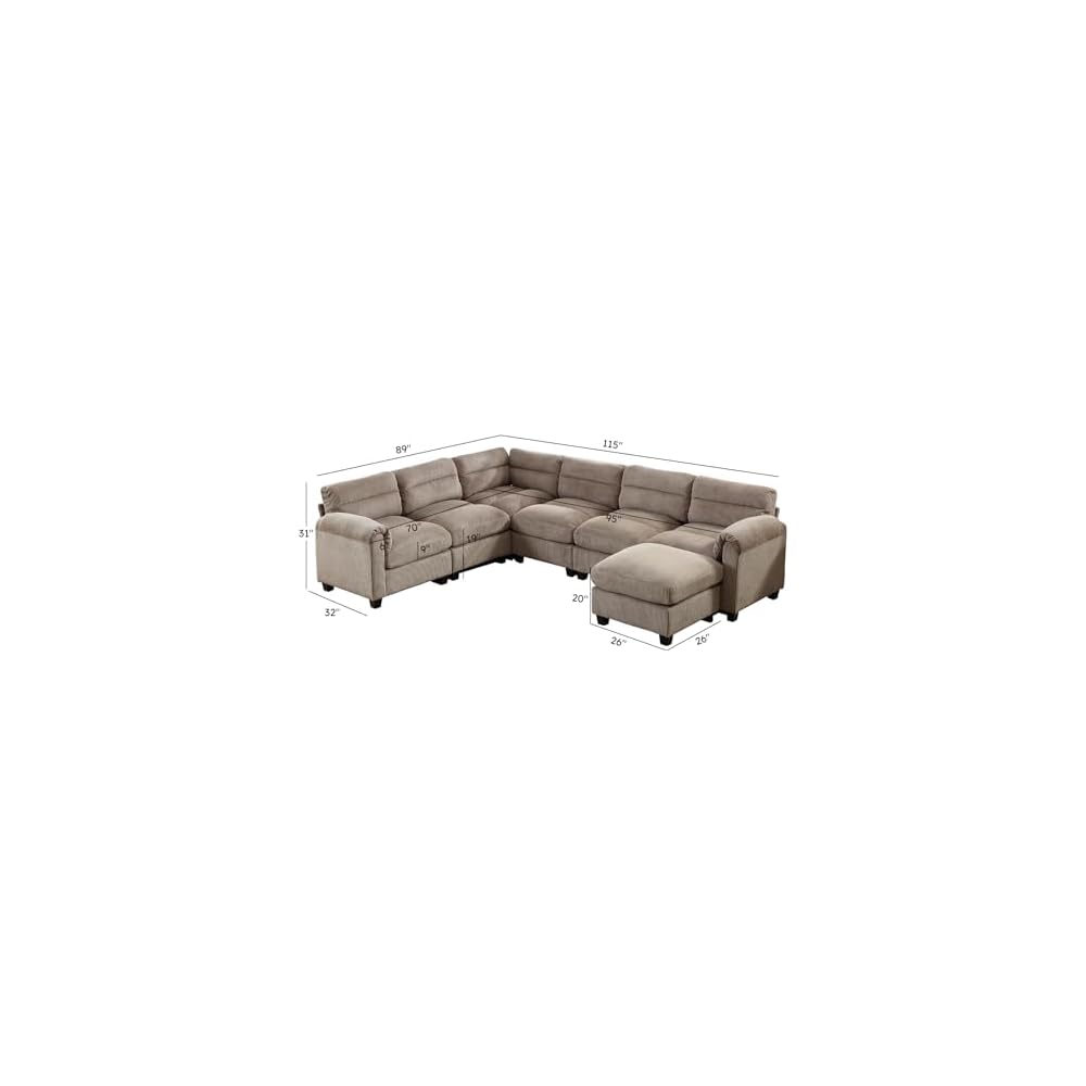 CANMOV Modular Sectional Couches with Ottoman, Convertible U Shaped Sofa, 7 Seat Sofa Couch with Chaise for Living Room, Corduroy Couch, Brown