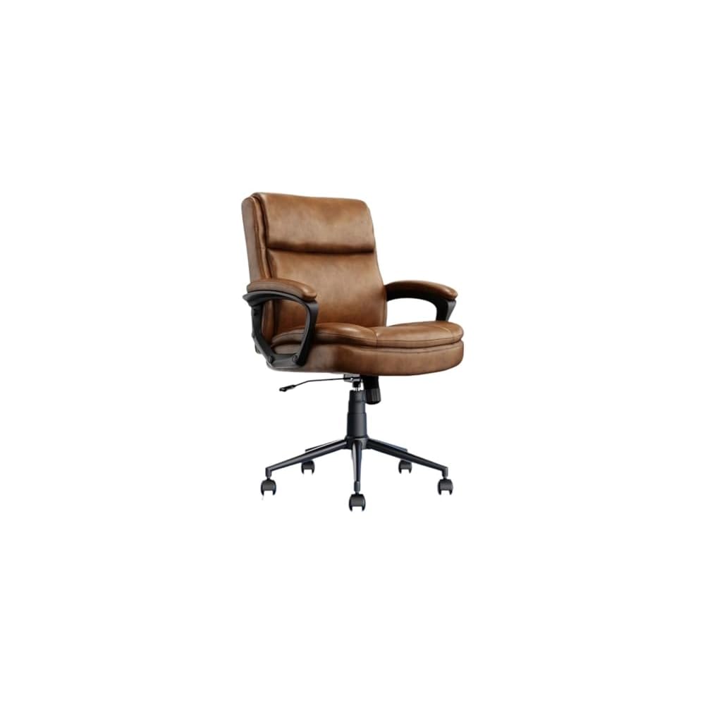Pemberly Row Ergonomic Mid Back Desk Chair, Bonded Leather Cognac Upholstery, Adjustable Height, Heavy Duty Metal Base, Plush Padded Seat and Back, Swivel Design, Home Office or Conference Room Use