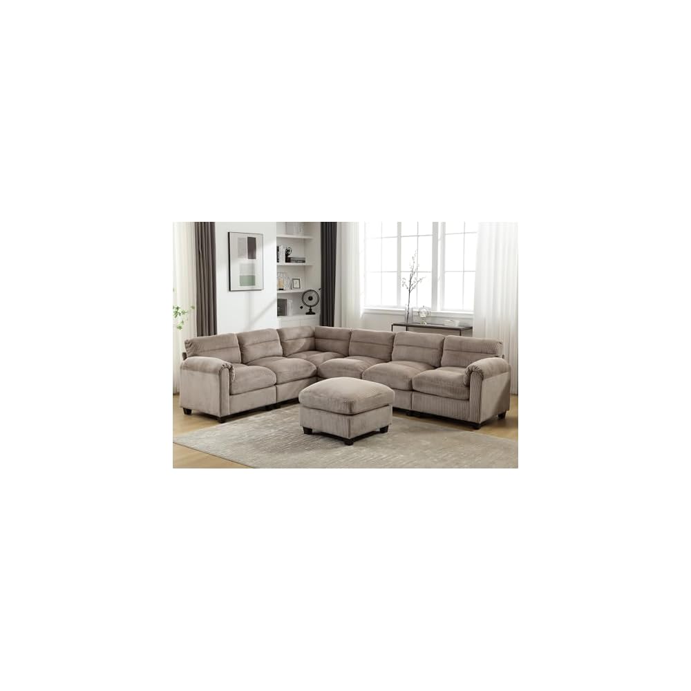 CANMOV Modular Sectional Couches with Ottoman, Convertible U Shaped Sofa, 7 Seat Sofa Couch with Chaise for Living Room, Corduroy Couch, Brown