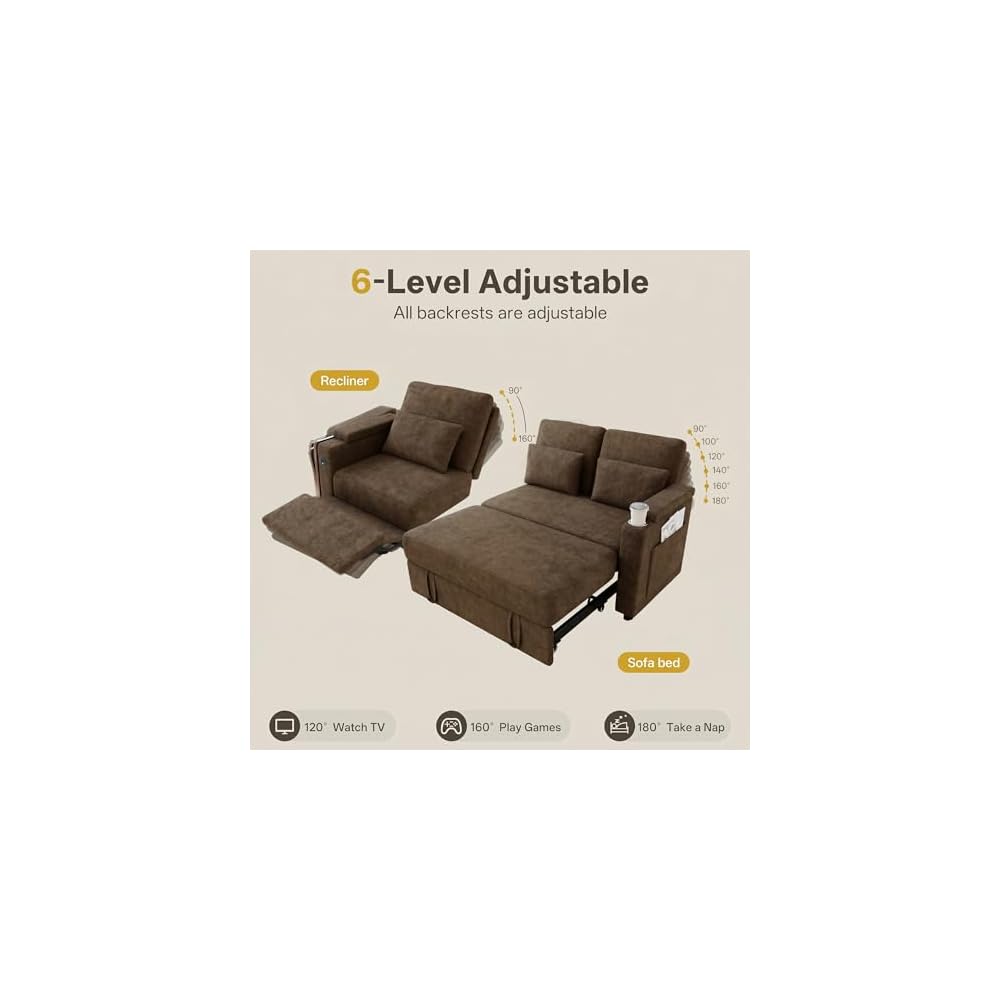 83" Sleeper Sofa with Pull Out Couch Bed, 2 in 1 L-Shaped Couch with Removable Cover|6-Position Back|Side Table&Pocket|USB Port, sectional couches for Living Room,Khaki