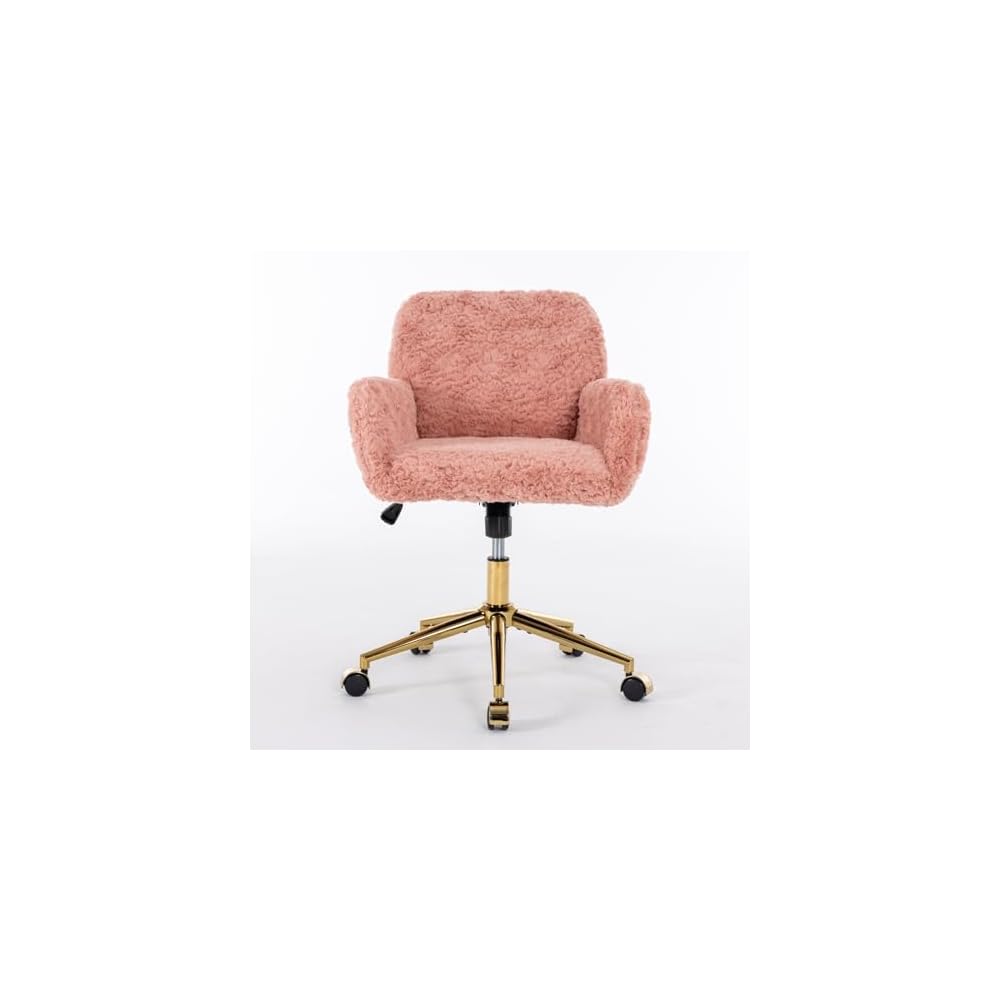 Office Chair,Artificial Rabbit Hair Home Office Chair with Golden Metal Base,Adjustable Desk Chair Swivel Office Chair,VaniChair(Pink)