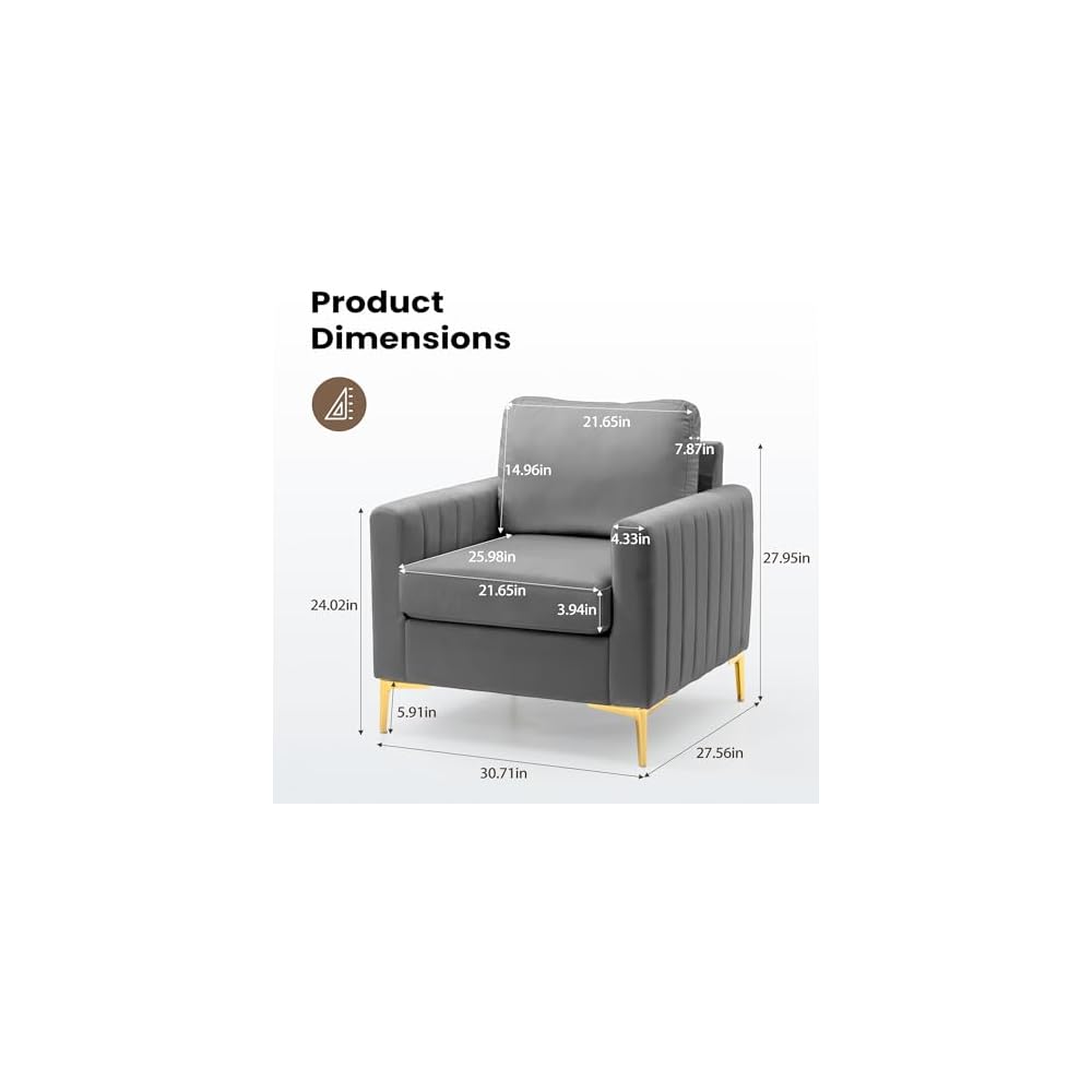 Mid Century Accent Chair Modern Velvet Living Room Accent Chair Comfy Upholstered Arm Chair for Bedroom Studio Study Office Lounge (Grey)