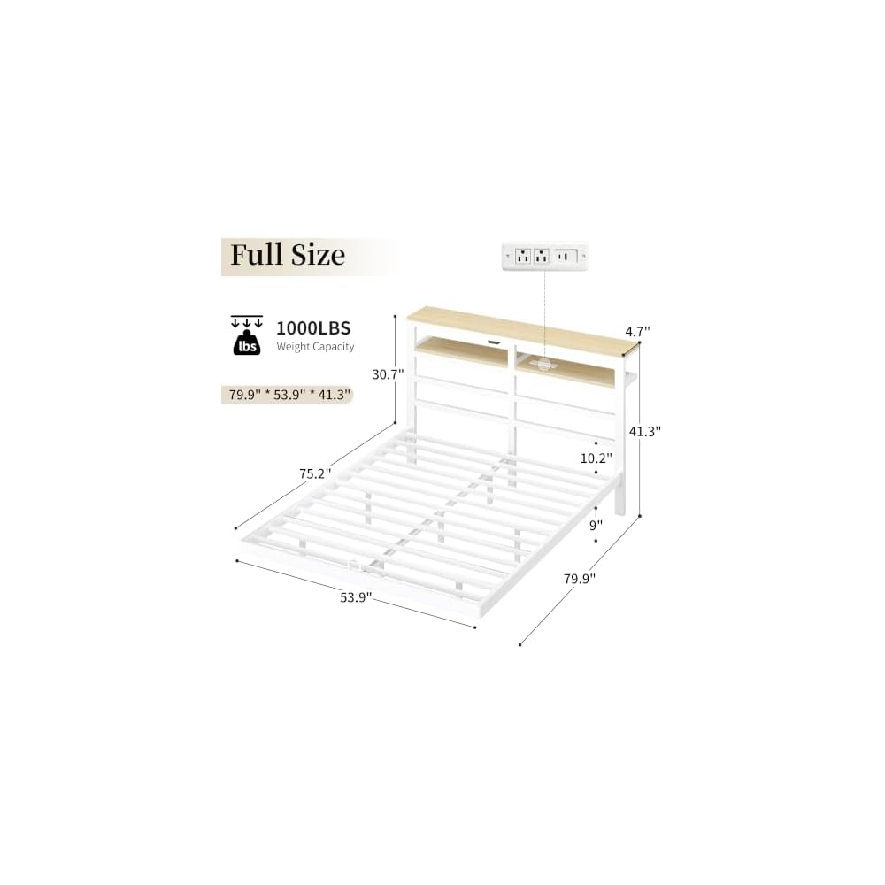 Floating Bed Frame Full Size with Storage Headboard,Modern Metal Platform with Smart LED Lights and Charging Station,Metal Slat Support,No Box Spring,Easy Assembly,Noise-Free,White
