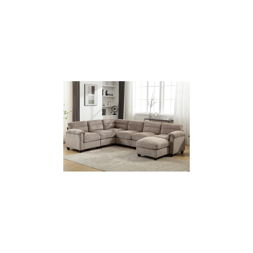 CANMOV Modular Sectional Couches with Ottoman, Convertible U Shaped Sofa, 7 Seat Sofa Couch with Chaise for Living Room, Corduroy Couch, Brown