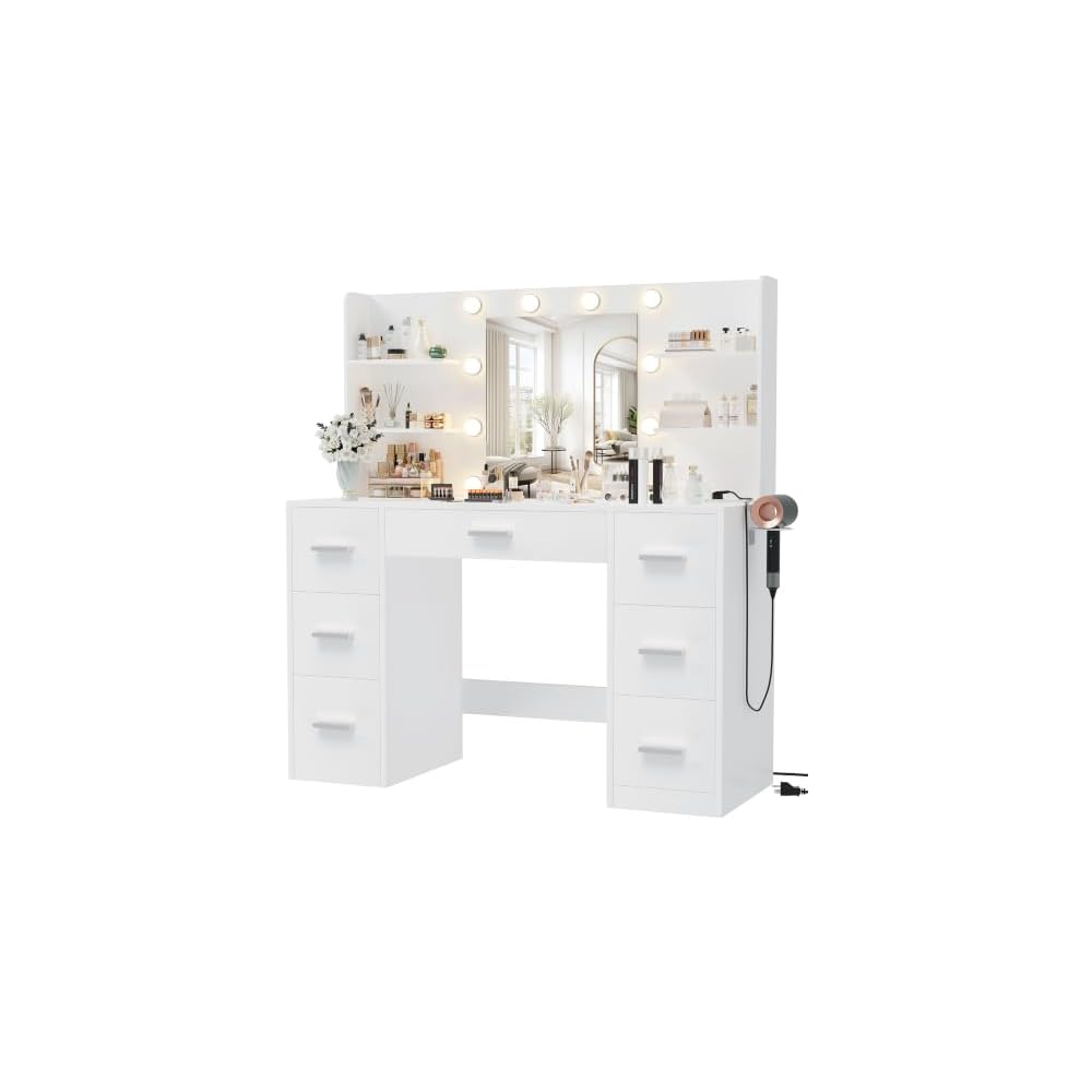 Furmax Vanity Desk with LED Mirror,Power Outlet,7 Drawers Makeup Table
