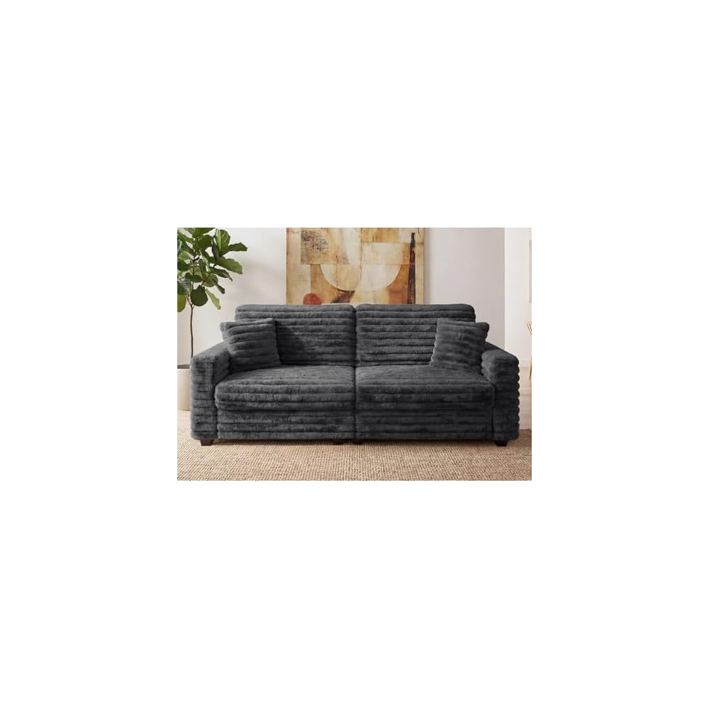 78.7" Corduroy Love Seat Sofa, Cloud Deep Seat Couch with Legs 2 Pillows, Fluff Corduroy Loveseat for Small Space, Living Rooms and Apartment, Dark Grey