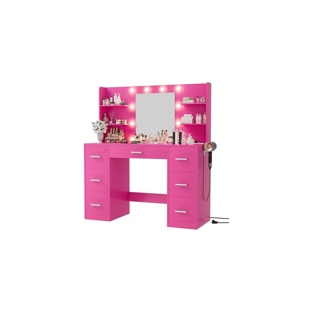 Furmax Vanity Desk with LED Mirror,Power Outlet,7 Drawers Makeup Table