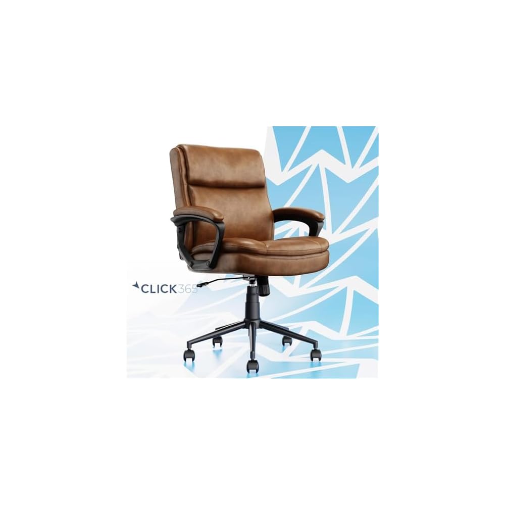 Pemberly Row Ergonomic Mid Back Desk Chair, Bonded Leather Cognac Upholstery, Adjustable Height, Heavy Duty Metal Base, Plush Padded Seat and Back, Swivel Design, Home Office or Conference Room Use