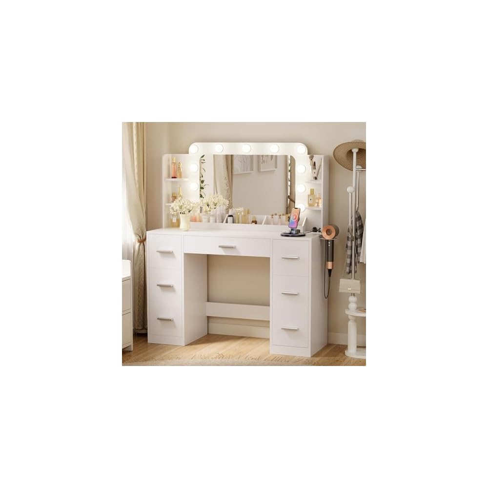 Furmax Vanity Desk with LED Mirror,Power Outlet,7 Drawers Makeup Table