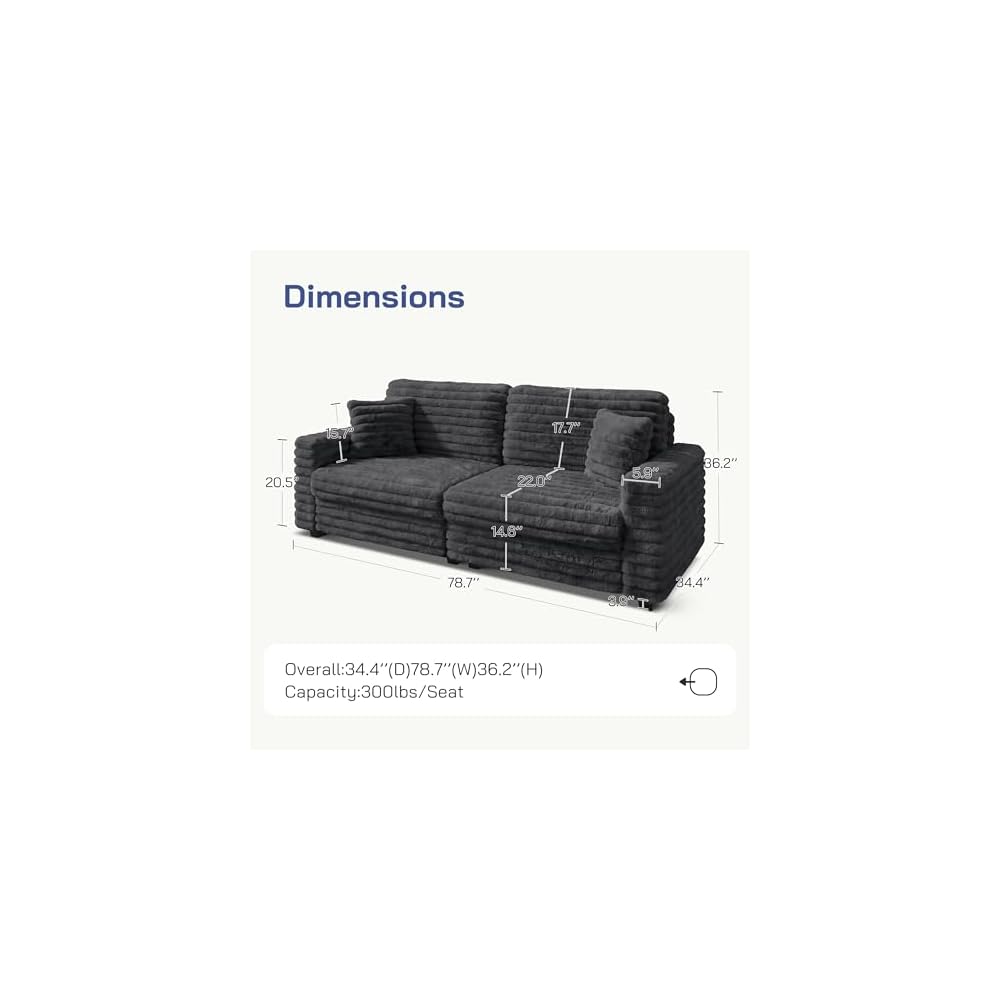 78.7" Corduroy Love Seat Sofa, Cloud Deep Seat Couch with Legs 2 Pillows, Fluff Corduroy Loveseat for Small Space, Living Rooms and Apartment, Dark Grey