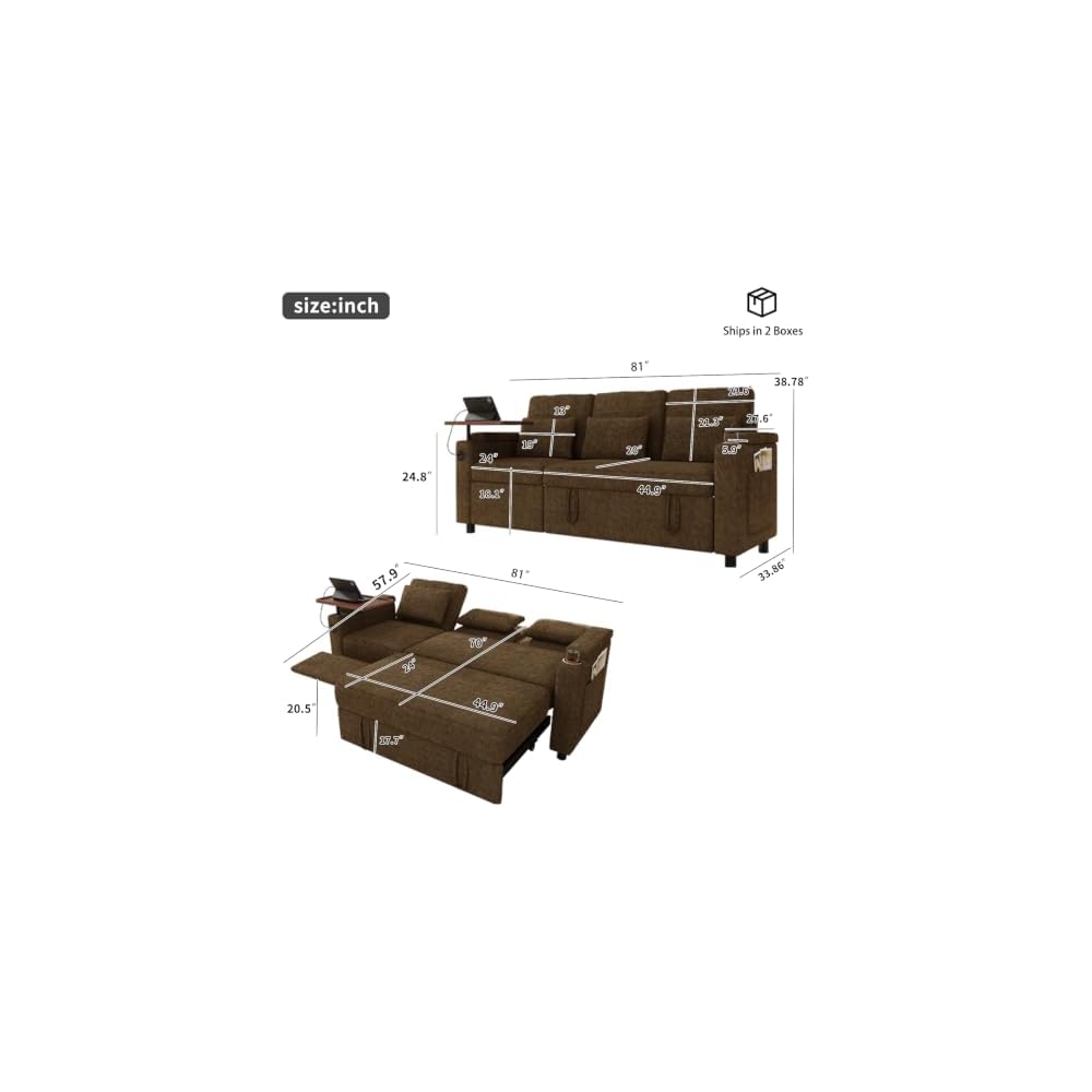 83" Sleeper Sofa with Pull Out Couch Bed, 2 in 1 L-Shaped Couch with Removable Cover|6-Position Back|Side Table&Pocket|USB Port, sectional couches for Living Room,Khaki