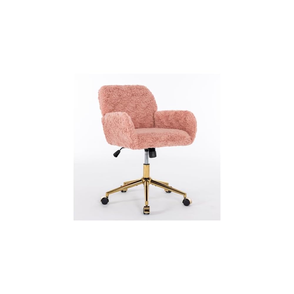 Office Chair,Artificial Rabbit Hair Home Office Chair with Golden Metal Base,Adjustable Desk Chair Swivel Office Chair,VaniChair(Pink)