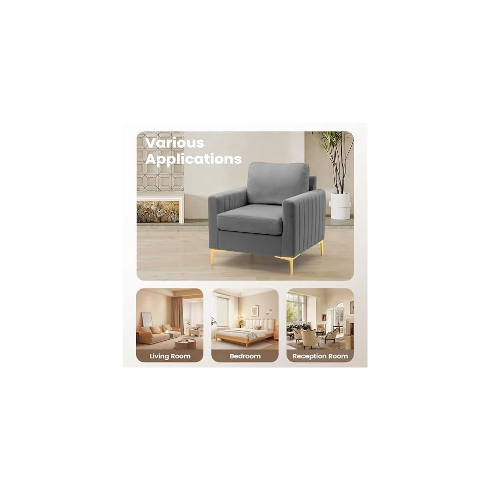 Mid Century Accent Chair Modern Velvet Living Room Accent Chair Comfy Upholstered Arm Chair for Bedroom Studio Study Office Lounge (Grey)