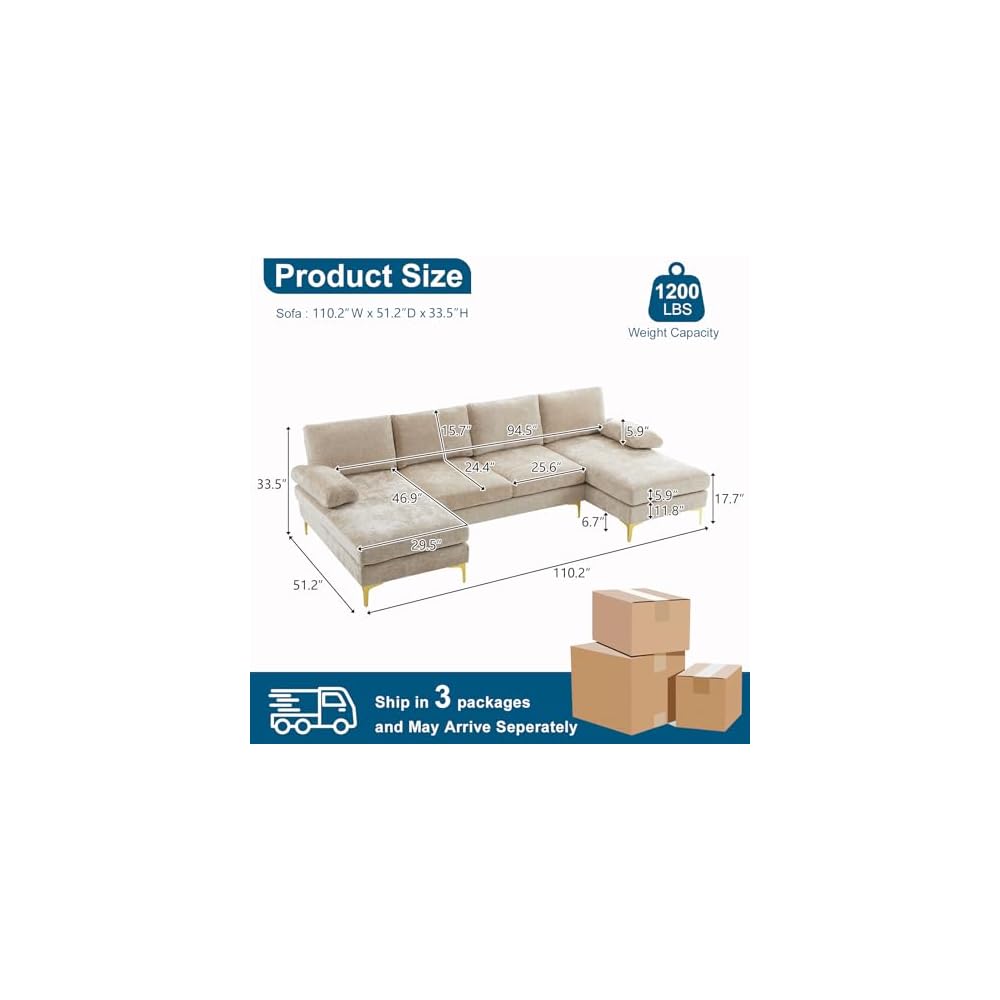 VINGLI 110" Large U-Shape Sectional Sofa Couch with 51" D Double Chaise for Living Room, Modern Sectional Couch Set with Soft 5.9" Thickness Seating Padding, Chenille Fabric,Metal Gold Legs(Khaki)
