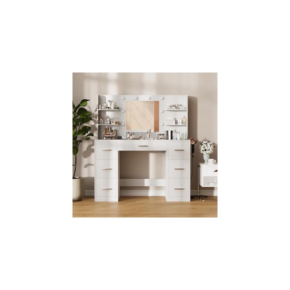 Furmax Vanity Desk with LED Mirror,Power Outlet,7 Drawers Makeup Table