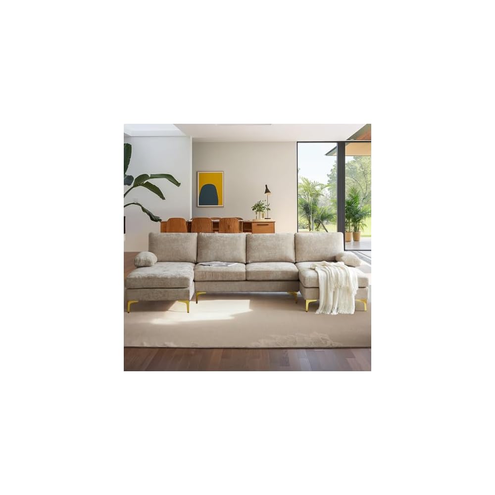 VINGLI 110" Large U-Shape Sectional Sofa Couch with 51" D Double Chaise for Living Room, Modern Sectional Couch Set with Soft 5.9" Thickness Seating Padding, Chenille Fabric,Metal Gold Legs(Khaki)