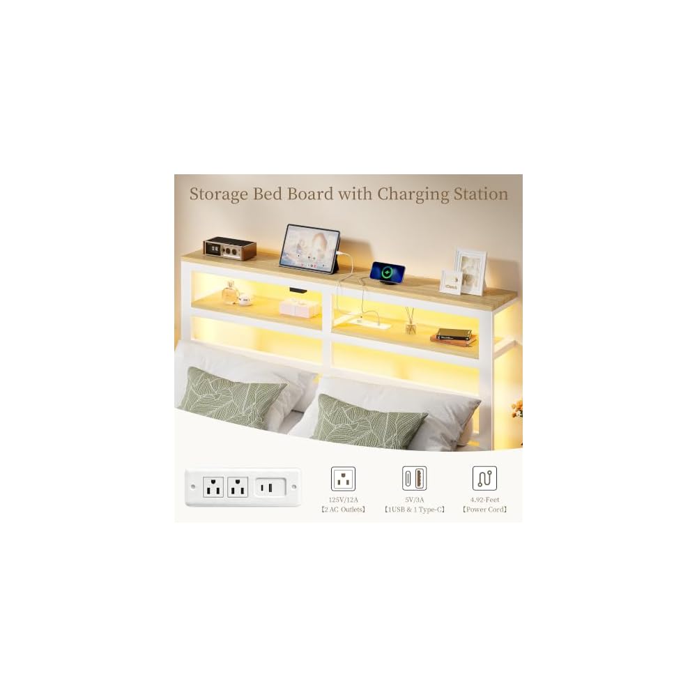 Floating Bed Frame Full Size with Storage Headboard,Modern Metal Platform with Smart LED Lights and Charging Station,Metal Slat Support,No Box Spring,Easy Assembly,Noise-Free,White