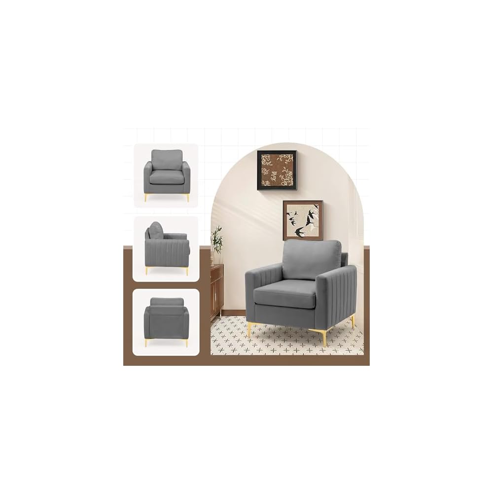 Mid Century Accent Chair Modern Velvet Living Room Accent Chair Comfy Upholstered Arm Chair for Bedroom Studio Study Office Lounge (Grey)