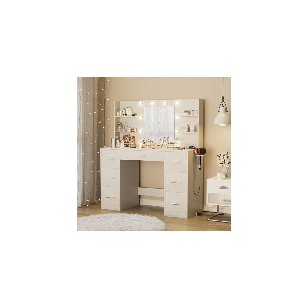 Furmax Vanity Desk with LED Mirror,Power Outlet,7 Drawers Makeup Table