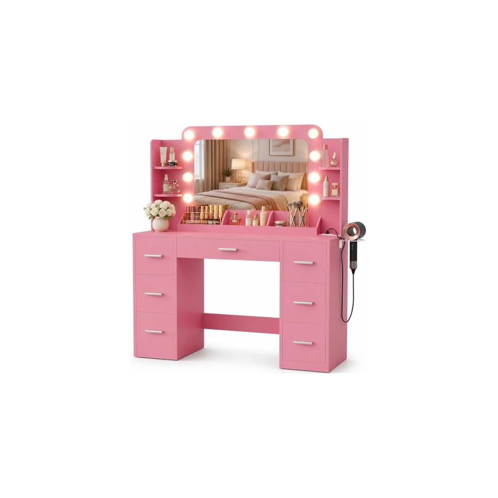 Furmax Vanity Desk with LED Mirror,Power Outlet,7 Drawers Makeup Table