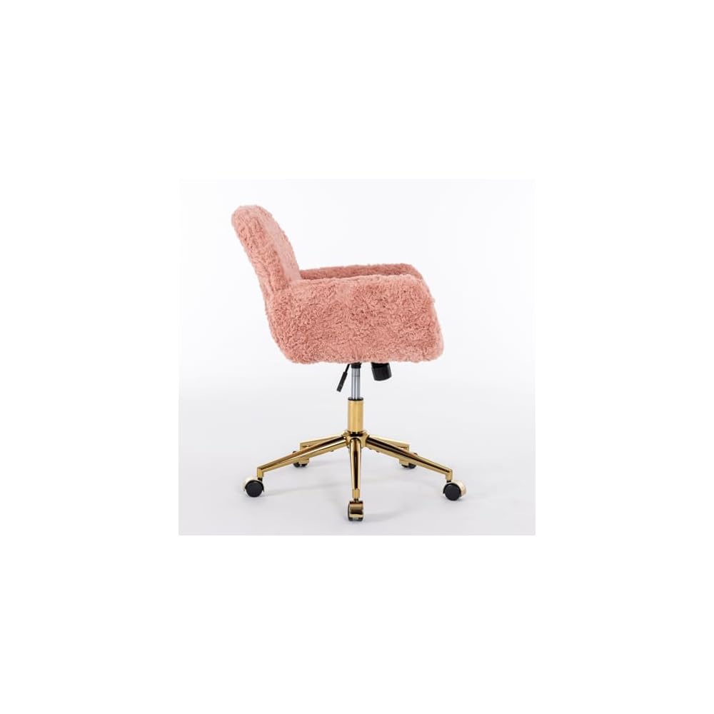 Office Chair,Artificial Rabbit Hair Home Office Chair with Golden Metal Base,Adjustable Desk Chair Swivel Office Chair,VaniChair(Pink)