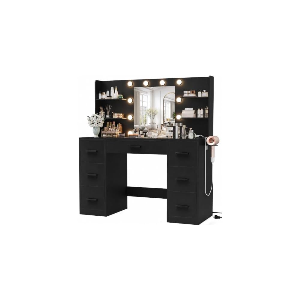 Furmax Vanity Desk with LED Mirror,Power Outlet,7 Drawers Makeup Table