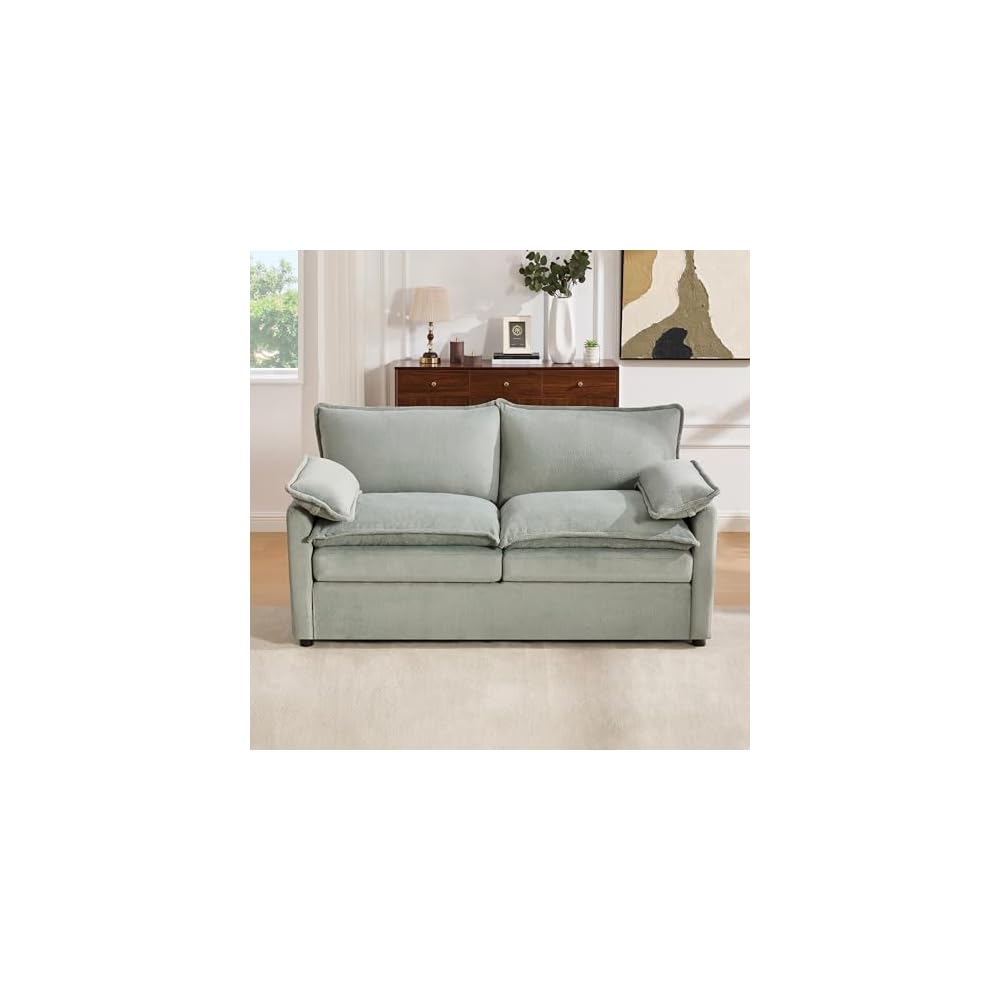GDFStudio Modern Faux Fur Loveseat Sofa, 2 Seat Plush Upholstered Couch with Double Layer Cushion, 2 Lumbar Pillows, Side Storage Pockets, Soft Comfy Living Room Sofa for Apartment Bedroom, Green