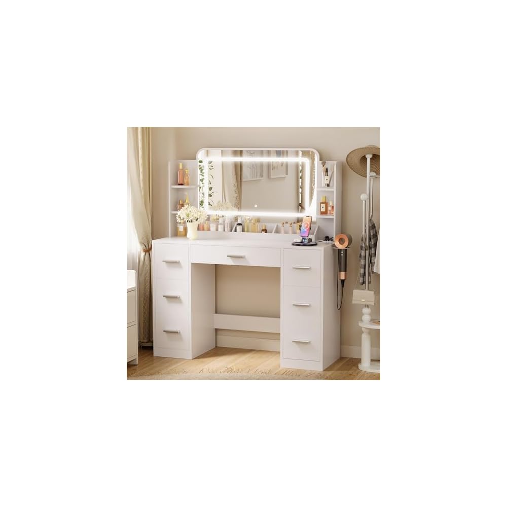 Furmax Vanity Desk with LED Mirror,Power Outlet,7 Drawers Makeup Table