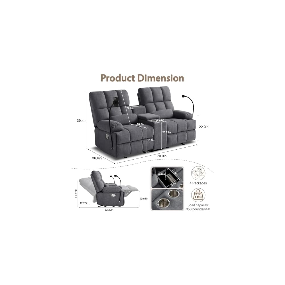 Reclining Loveseat with Rocker Function,Cat-Proof Loveseat Recliner Sofa with Phone Holder/USB/Type C, RV Double Rocker Reclining Couch for Home Theater,Living Room (Gray)