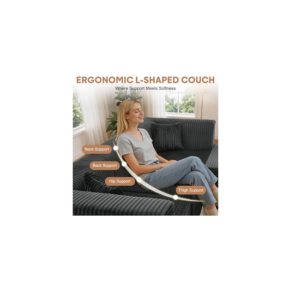 Korser 100" L-Shaped Boneless Couches with Chaise, Modular Sectional Sofa with Deep Seat, Cloud Sectional Couch for Living Room Bedroom, No Assembly Required, Side Pockets, Memory Foam, Grey