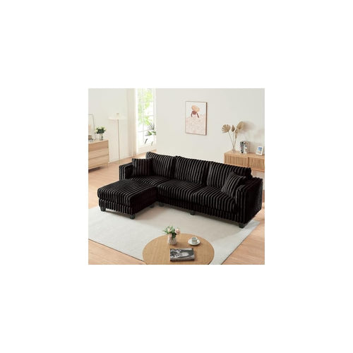 AVZEAR L Shaped Faux Rabbit Fur Fabric Sectional Couch, Modern Cloud Modular Sofa with Movable Ottoman and 2 Pillows, Small Sectional Convertible Couch for Living Room, Bedroom and Apartment, Black