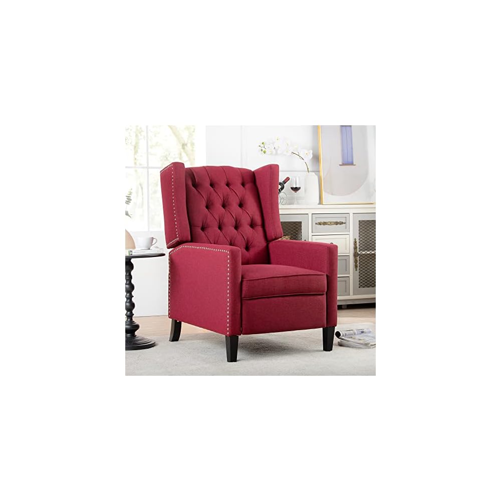 GDFStudio Upholstered Manual Wingback Recliner Chair, Mid Century Modern Comfortable Chair Couches with Button Tufted Back & Footrest, Lounge Armchair Accent Easy Couches for Living Room, Wine Red