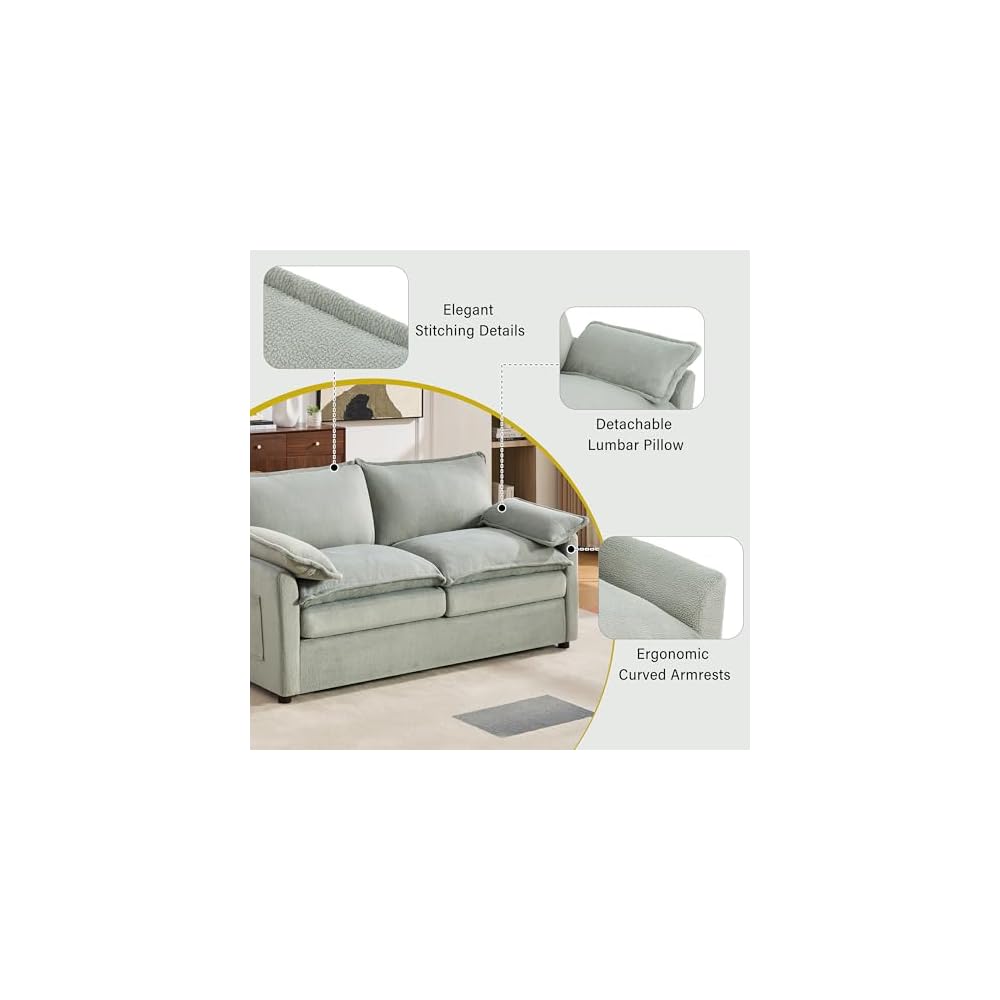 GDFStudio Modern Faux Fur Loveseat Sofa, 2 Seat Plush Upholstered Couch with Double Layer Cushion, 2 Lumbar Pillows, Side Storage Pockets, Soft Comfy Living Room Sofa for Apartment Bedroom, Green