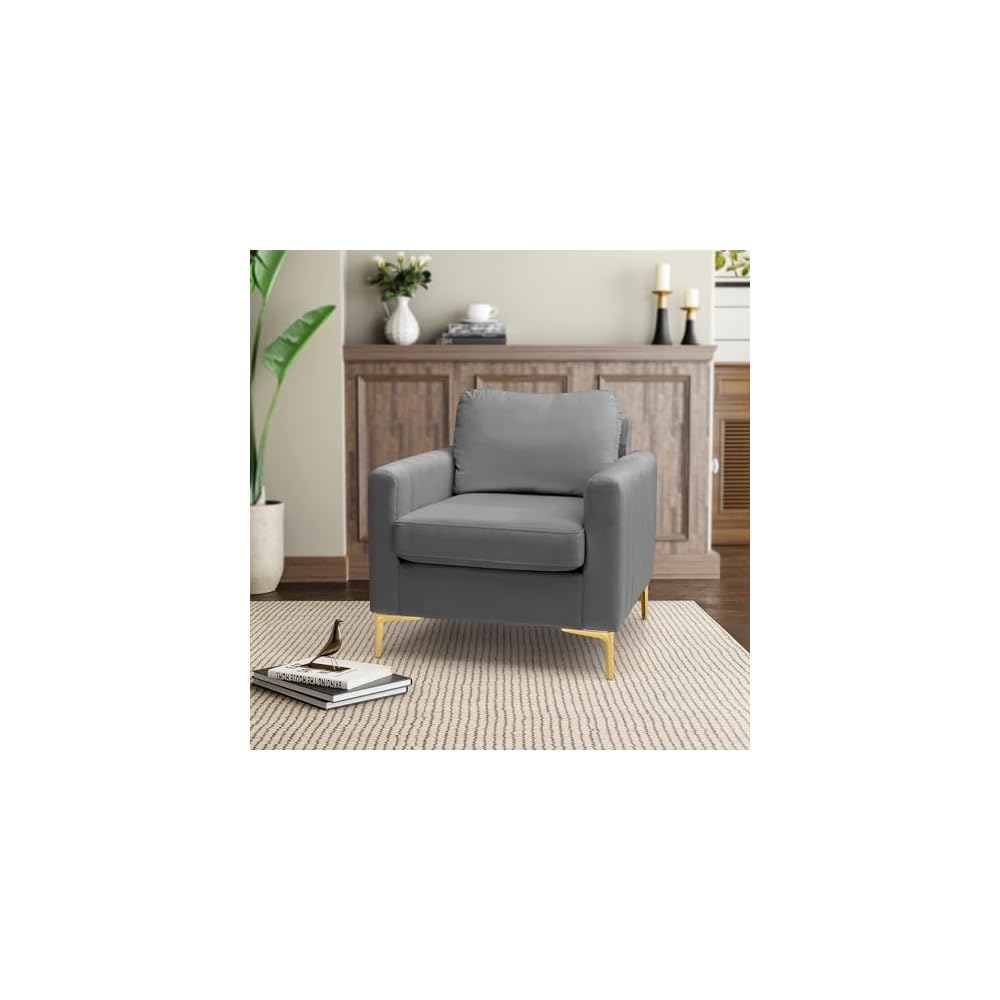 Mid Century Accent Chair Modern Velvet Living Room Accent Chair Comfy Upholstered Arm Chair for Bedroom Studio Study Office Lounge (Grey)