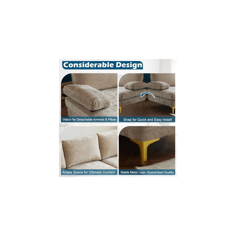VINGLI 110" Large U-Shape Sectional Sofa Couch with 51" D Double Chaise for Living Room, Modern Sectional Couch Set with Soft 5.9" Thickness Seating Padding, Chenille Fabric,Metal Gold Legs(Khaki)