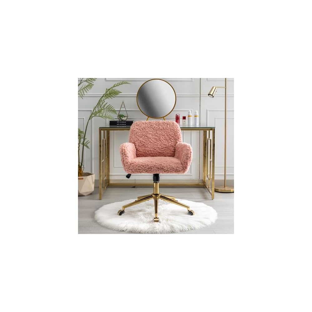 Office Chair,Artificial Rabbit Hair Home Office Chair with Golden Metal Base,Adjustable Desk Chair Swivel Office Chair,VaniChair(Pink)