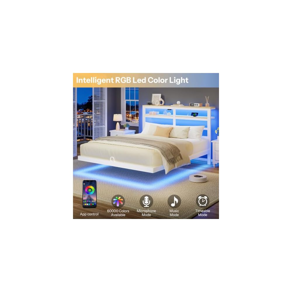 Floating Bed Frame Full Size with Storage Headboard,Modern Metal Platform with Smart LED Lights and Charging Station,Metal Slat Support,No Box Spring,Easy Assembly,Noise-Free,White