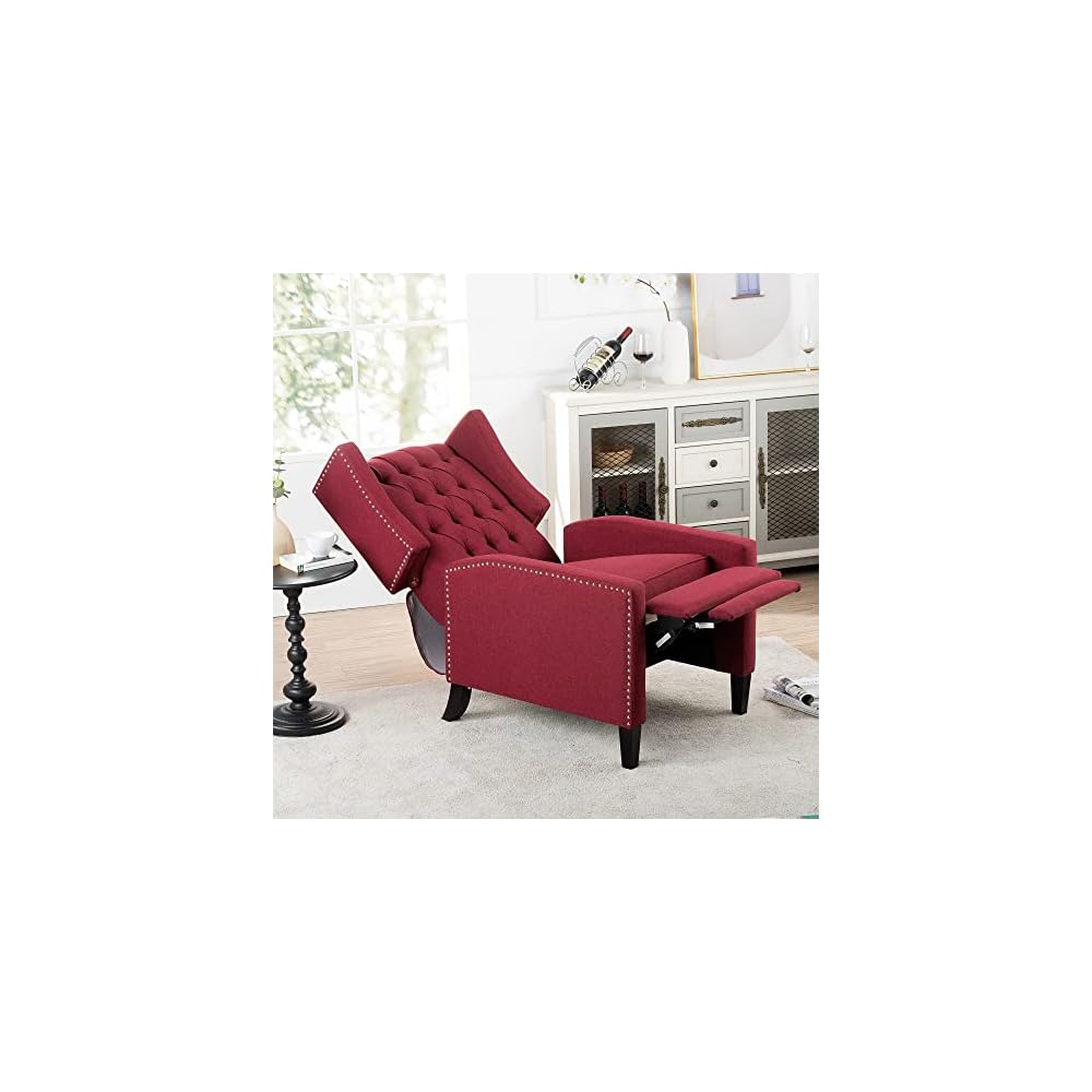 GDFStudio Upholstered Manual Wingback Recliner Chair, Mid Century Modern Comfortable Chair Couches with Button Tufted Back & Footrest, Lounge Armchair Accent Easy Couches for Living Room, Wine Red