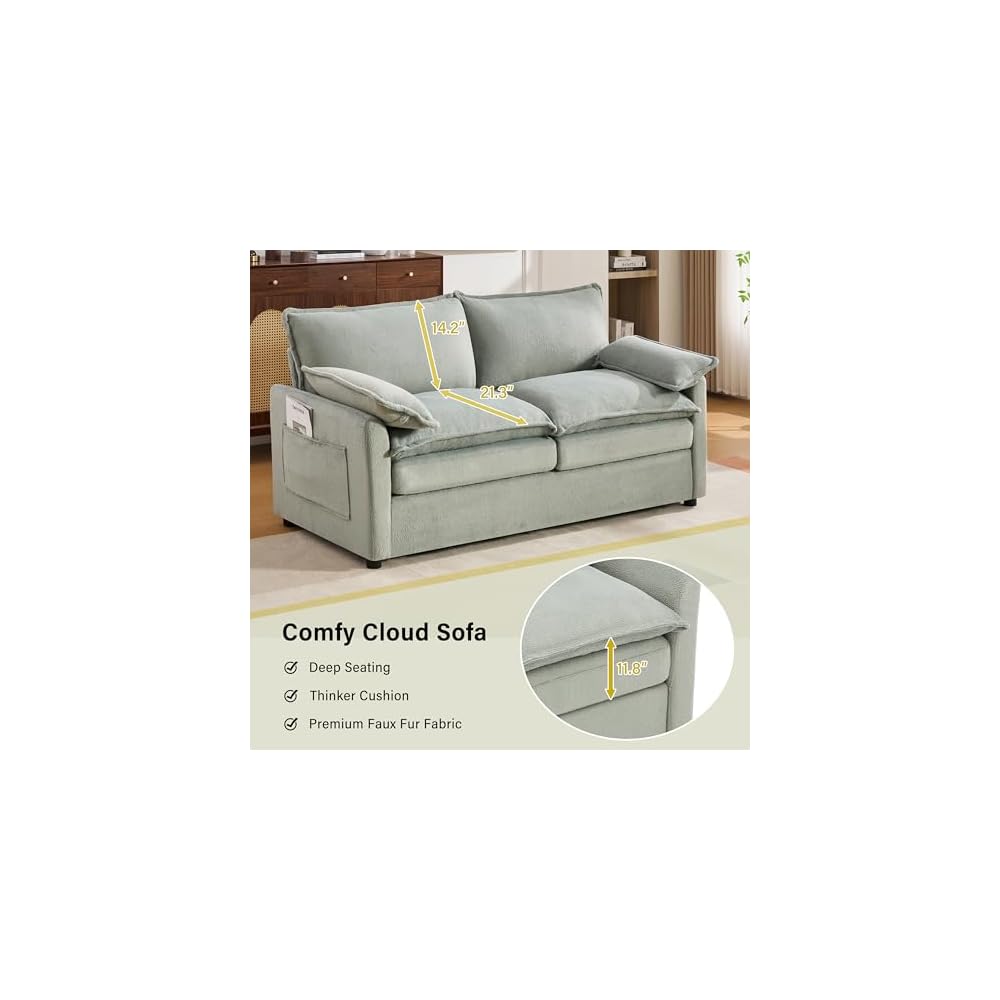 GDFStudio Modern Faux Fur Loveseat Sofa, 2 Seat Plush Upholstered Couch with Double Layer Cushion, 2 Lumbar Pillows, Side Storage Pockets, Soft Comfy Living Room Sofa for Apartment Bedroom, Green