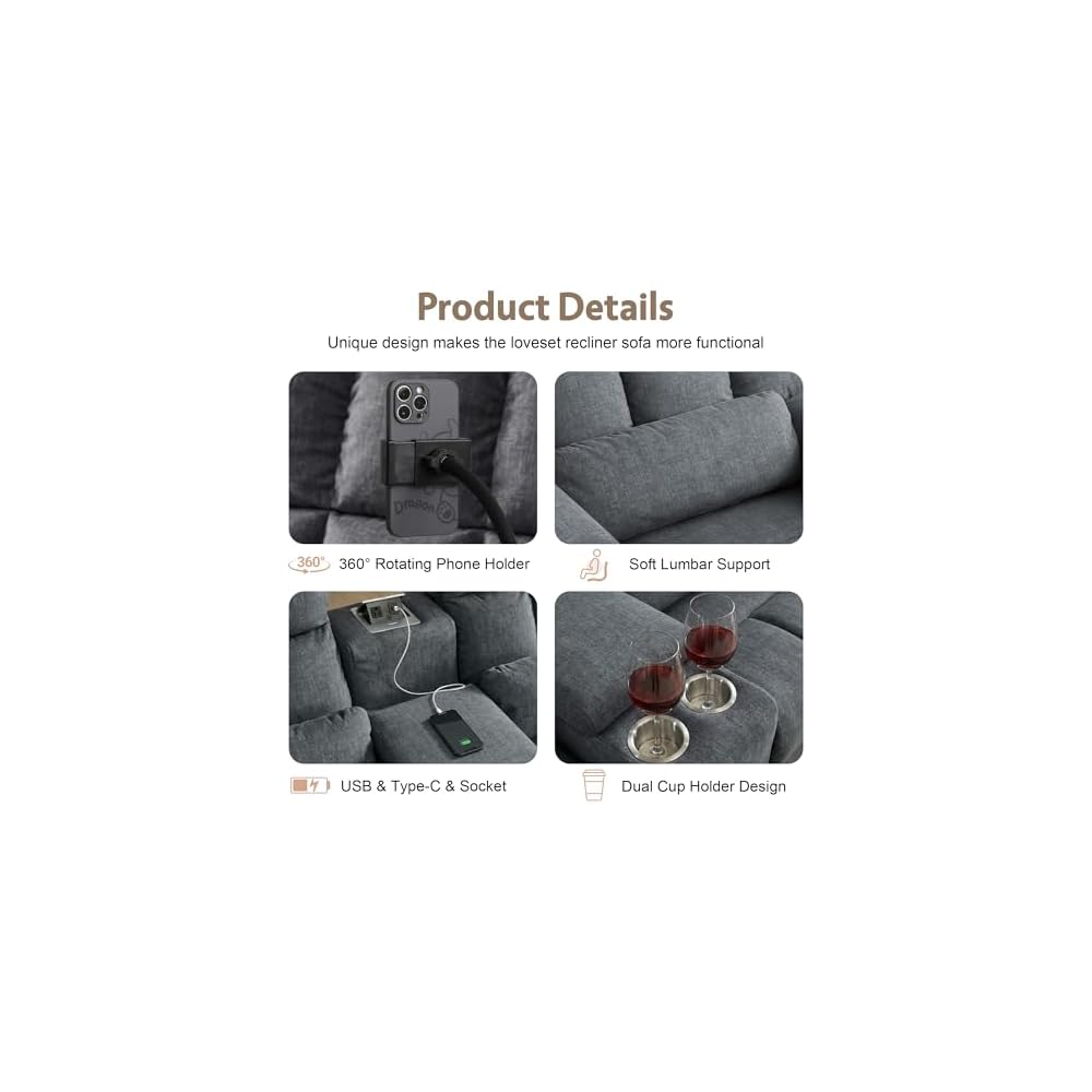 Reclining Loveseat with Rocker Function,Cat-Proof Loveseat Recliner Sofa with Phone Holder/USB/Type C, RV Double Rocker Reclining Couch for Home Theater,Living Room (Gray)