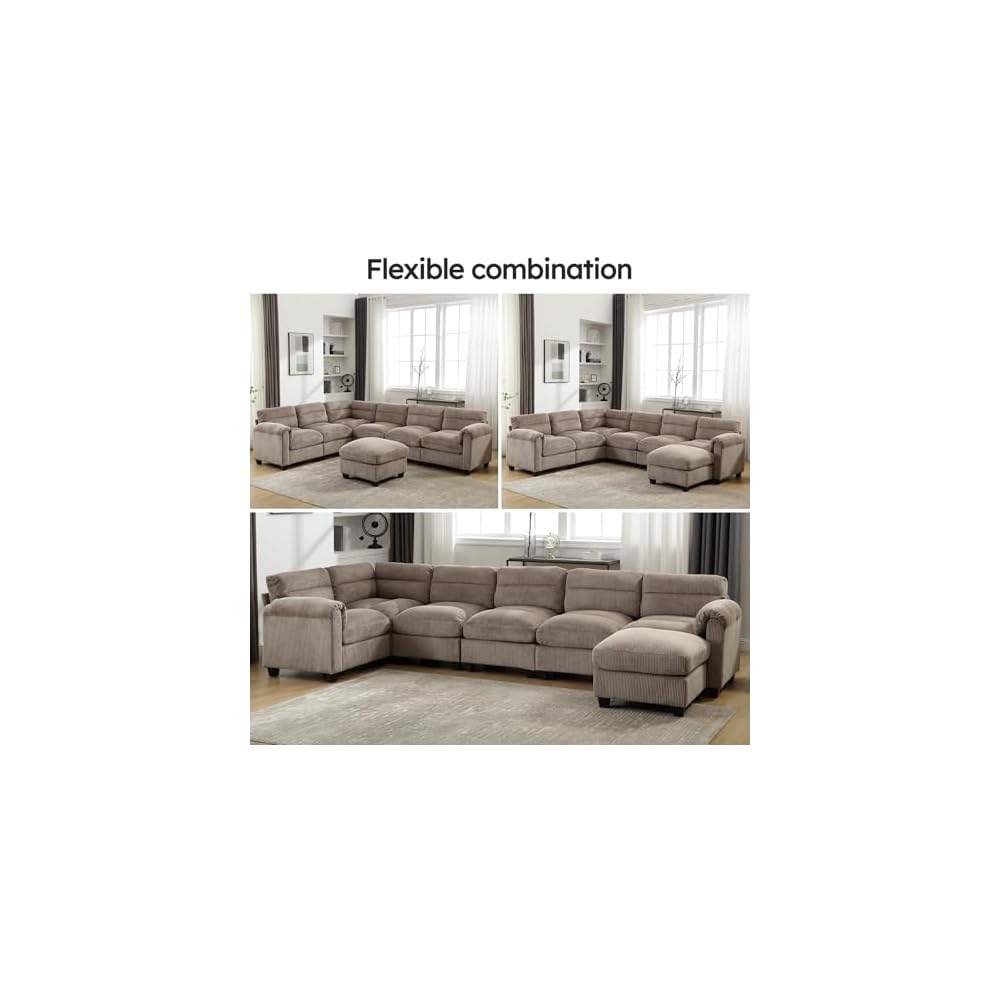 CANMOV Modular Sectional Couches with Ottoman, Convertible U Shaped Sofa, 7 Seat Sofa Couch with Chaise for Living Room, Corduroy Couch, Brown