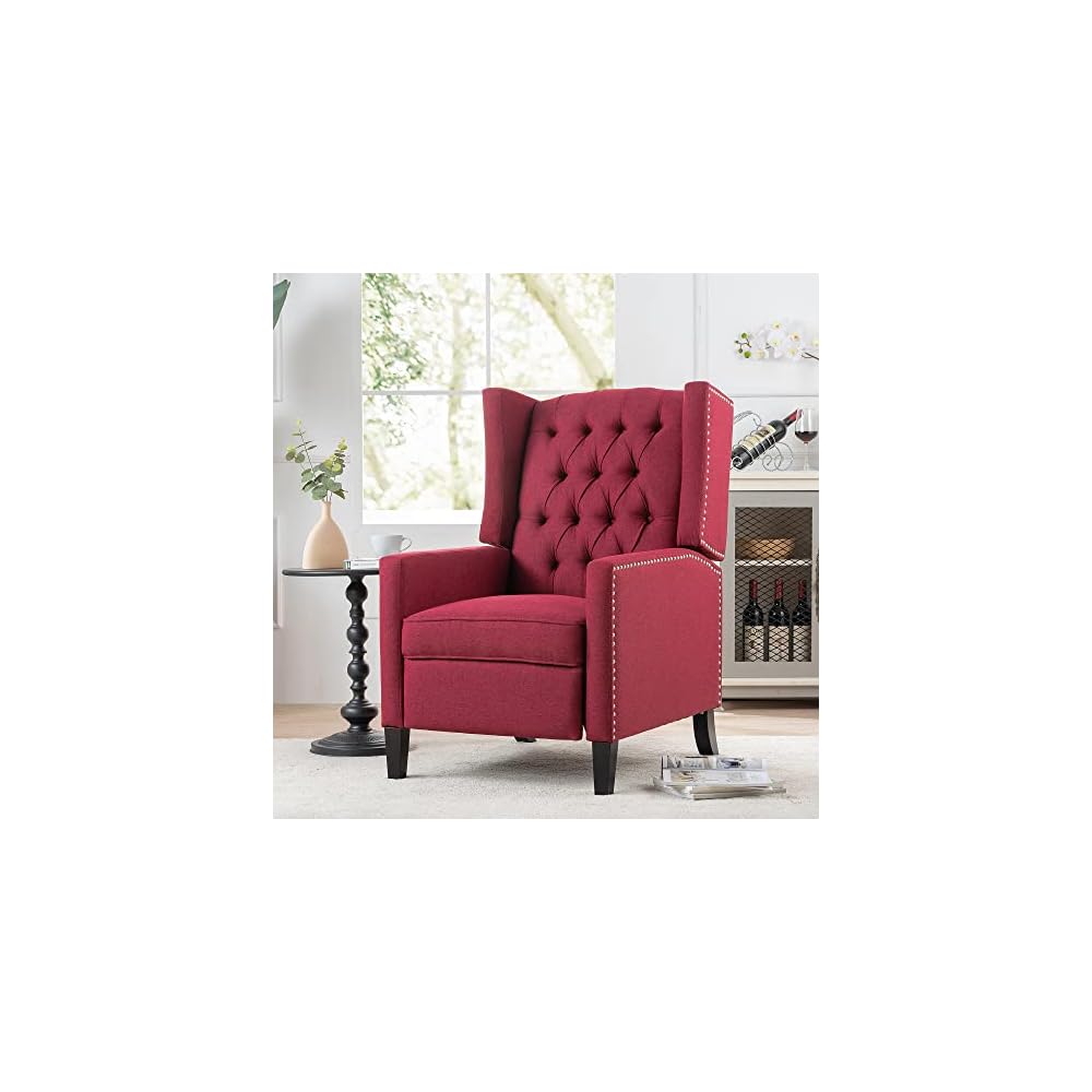 GDFStudio Upholstered Manual Wingback Recliner Chair, Mid Century Modern Comfortable Chair Couches with Button Tufted Back & Footrest, Lounge Armchair Accent Easy Couches for Living Room, Wine Red