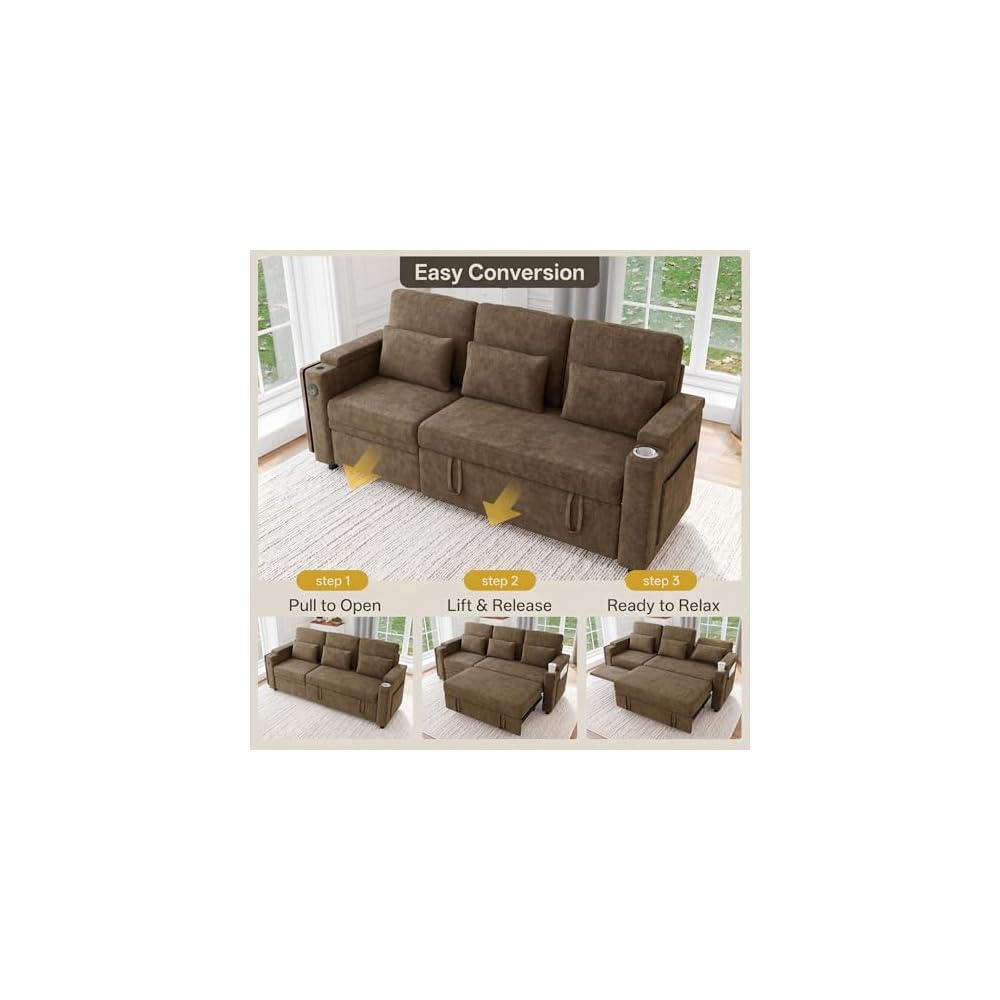 83" Sleeper Sofa with Pull Out Couch Bed, 2 in 1 L-Shaped Couch with Removable Cover|6-Position Back|Side Table&Pocket|USB Port, sectional couches for Living Room,Khaki