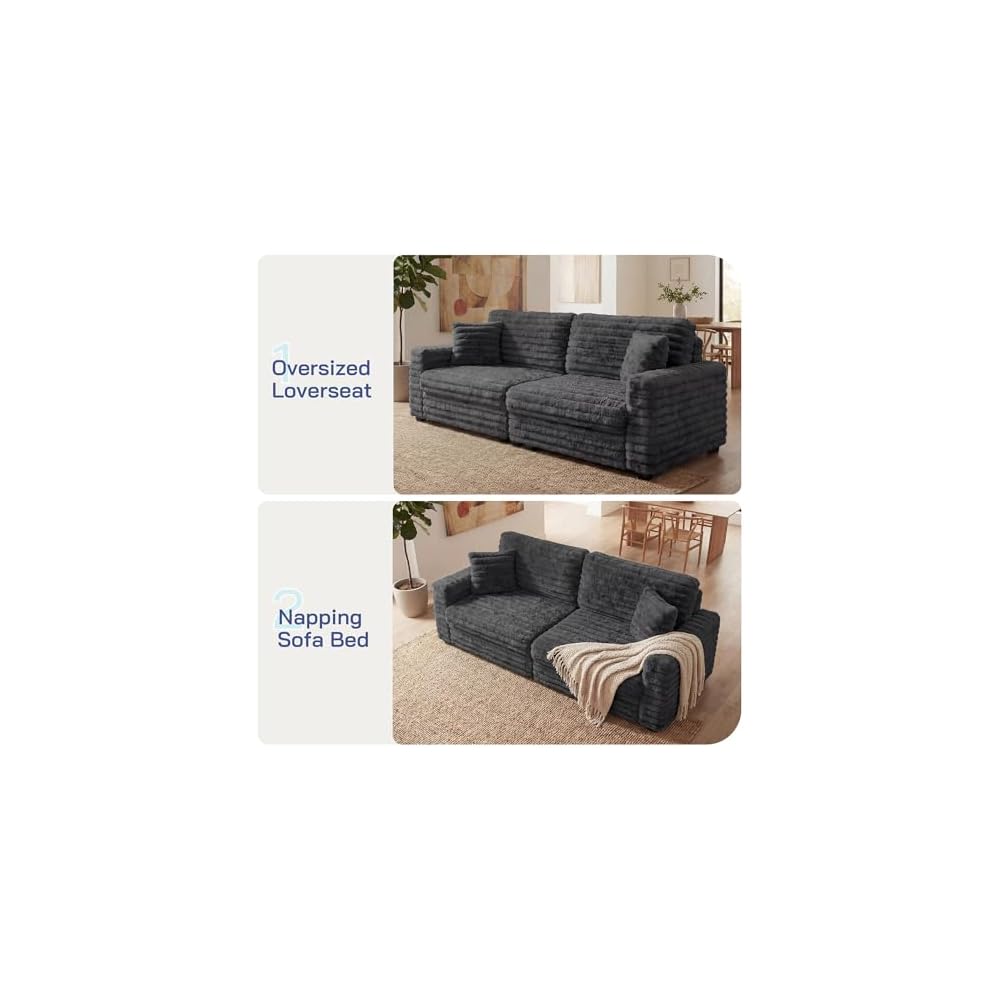 78.7" Corduroy Love Seat Sofa, Cloud Deep Seat Couch with Legs 2 Pillows, Fluff Corduroy Loveseat for Small Space, Living Rooms and Apartment, Dark Grey