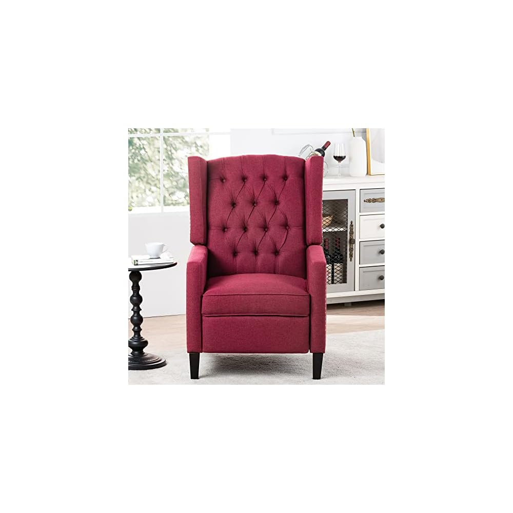 GDFStudio Upholstered Manual Wingback Recliner Chair, Mid Century Modern Comfortable Chair Couches with Button Tufted Back & Footrest, Lounge Armchair Accent Easy Couches for Living Room, Wine Red