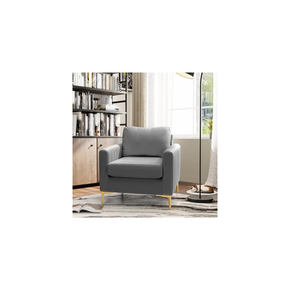 Mid Century Accent Chair Modern Velvet Living Room Accent Chair Comfy Upholstered Arm Chair for Bedroom Studio Study Office Lounge (Grey)
