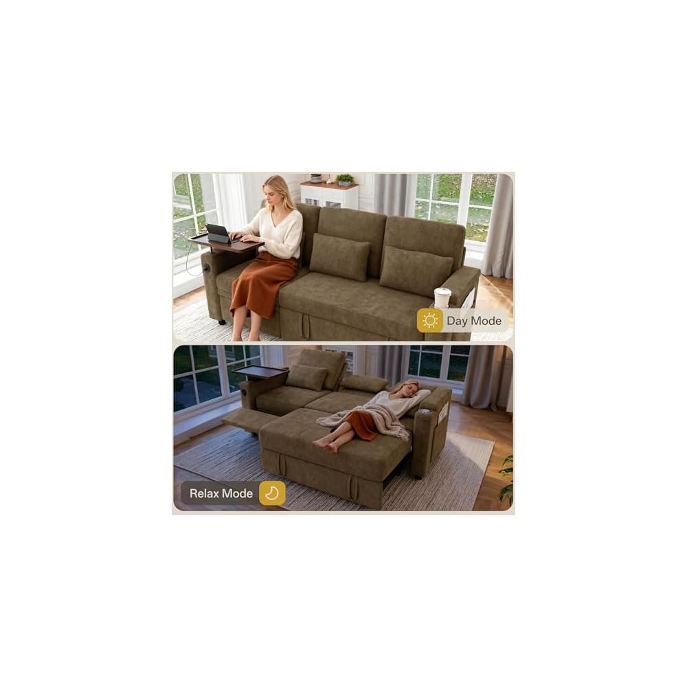 83" Sleeper Sofa with Pull Out Couch Bed, 2 in 1 L-Shaped Couch with Removable Cover|6-Position Back|Side Table&Pocket|USB Port, sectional couches for Living Room,Khaki