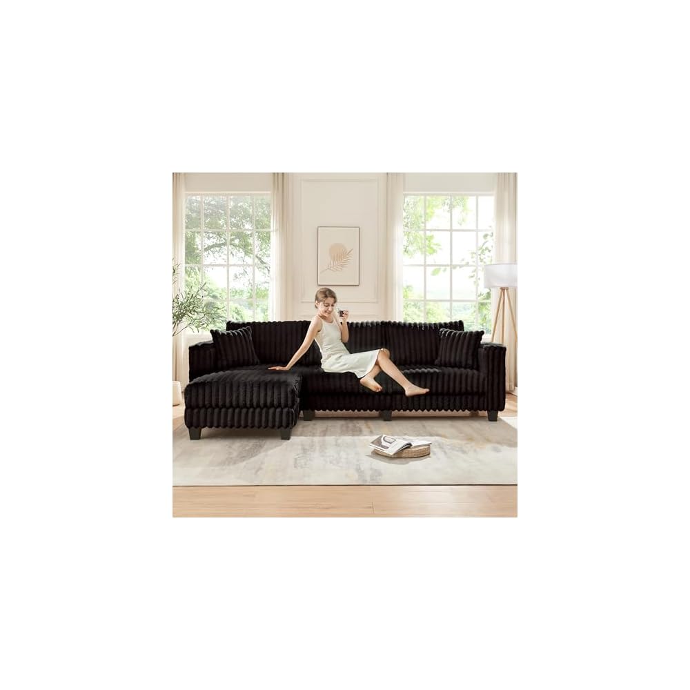 AVZEAR L Shaped Faux Rabbit Fur Fabric Sectional Couch, Modern Cloud Modular Sofa with Movable Ottoman and 2 Pillows, Small Sectional Convertible Couch for Living Room, Bedroom and Apartment, Black