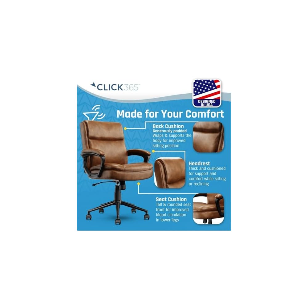 Pemberly Row Ergonomic Mid Back Desk Chair, Bonded Leather Cognac Upholstery, Adjustable Height, Heavy Duty Metal Base, Plush Padded Seat and Back, Swivel Design, Home Office or Conference Room Use