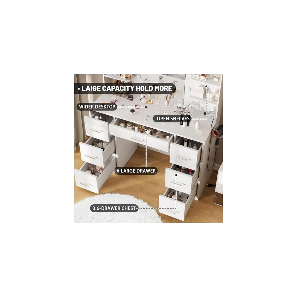 Furmax Vanity Desk with LED Mirror,Power Outlet,7 Drawers Makeup Table